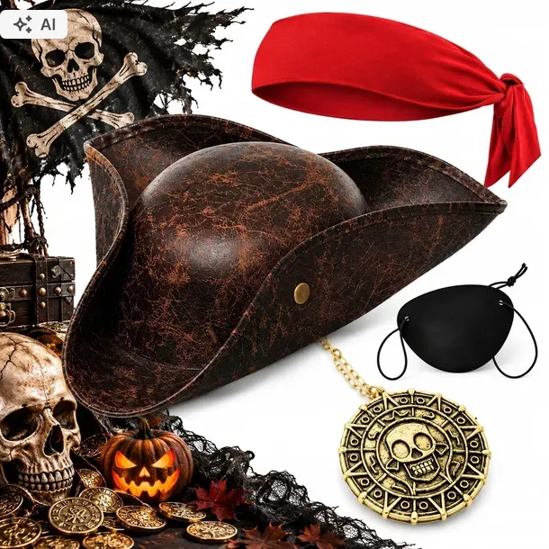 STRÓJ NA HALLOWEEN MĘSKI ZESTAW KAPELUSZ KAPITANA OPASKA NASZYJNIK PIRAT