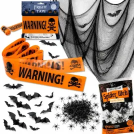 zestaw-dekoracji-na-halloween-pajeczyna-pajaki-nietoperze-czarna-siatka-tiulowa-2-na-1-m-tasma-ostrzegawcza-20-g-pajeczyny-20-plastikowych-pajakow