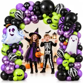 girlanda-balonowa-halloween-118-sztuk-balonow-lateksowych-i-foliowych-pajak-duch-pajeczyna-czarne-fioletowe-zielone-12-25-i-45-cm-na-impreze