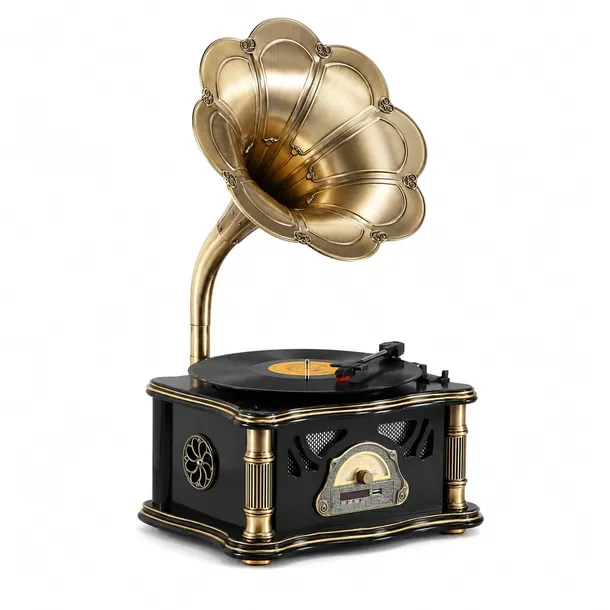 Gramofon vintage Rose Bella, głośnik tubowy, drewno dębowe, Czarny