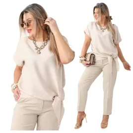 bluzka-z-wiazaniem-elegancka-luzna-oversize-polski-producent-duze-rozmiary-odziez-damska-bezowa-poliester-krotki-rekaw-dekolt-okragly-rozmiar-48