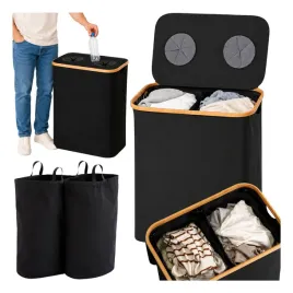 kosz-do-segregacji-butelek-puszek-skladany-dwukomorowy-czarny-150l-material-pojemnik-na-odpady-recykling-surowce-wtorne