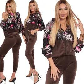 322-m-38-welurowy-komplet-dresowy-wzory-damski-zestaw-sportowy-bluza-i-spodnie-brazowy-nadruk-zwezane-nogawki-zamki