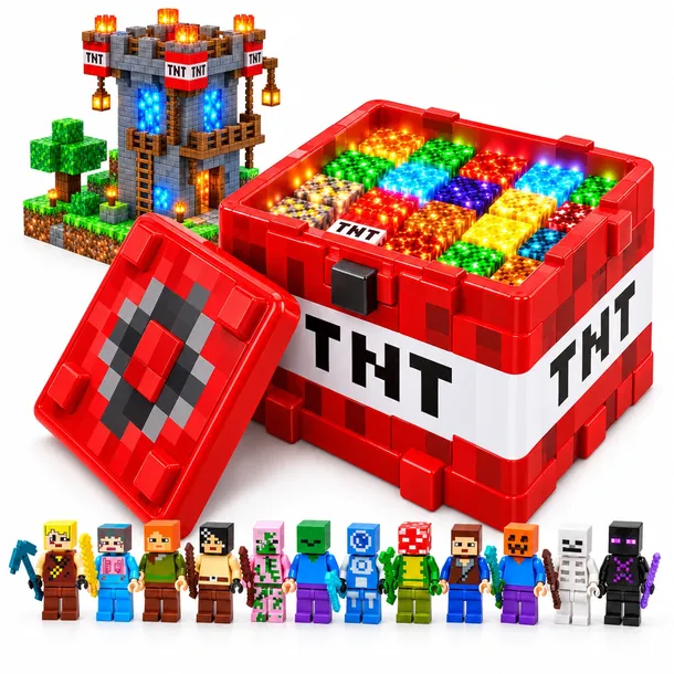 KLOCKI MAGNETYCZNE MINECRAFT LED + MINIFIGURKI ZESTAW PREMIUM 210EL. PUDEŁKO