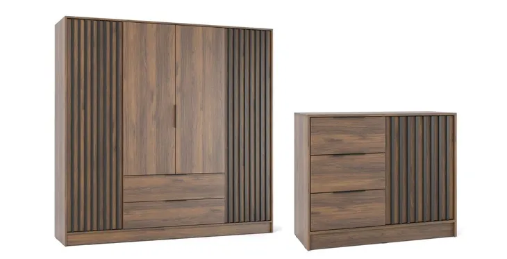 Orzech Zestaw Szafa 4 drzwiowa + Komoda 105cm Lamele Nela ps