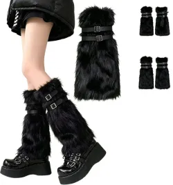 ocieplacze-sztuczne-futro-y2k-style-furry-skarpetki-rozmyte-czarny-futro-sztuczne