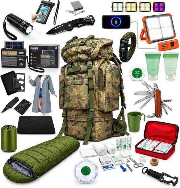 Plecak Ewakuacyjny z Powerbank 65L Z Wyposażeniem Przetrwania Survivalowy Militarny