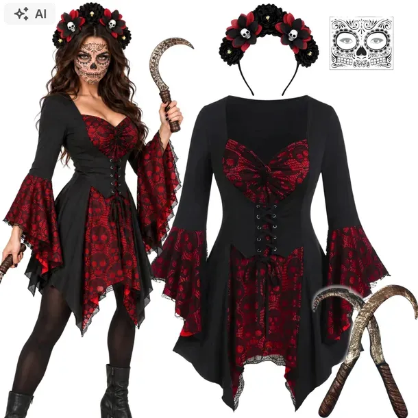 STRÓJ MROCZNEJ ŁOWCZYNI NA HALLOWEEN PRZEBRANIE ZABÓJCY SIERPY OPASKA XS S