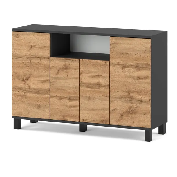 KOMODA 120 CM SZARA DĄB WOTAN 4 DRZWI NOWOCZESNA SZAFKA RTV LOFT DO SALONU