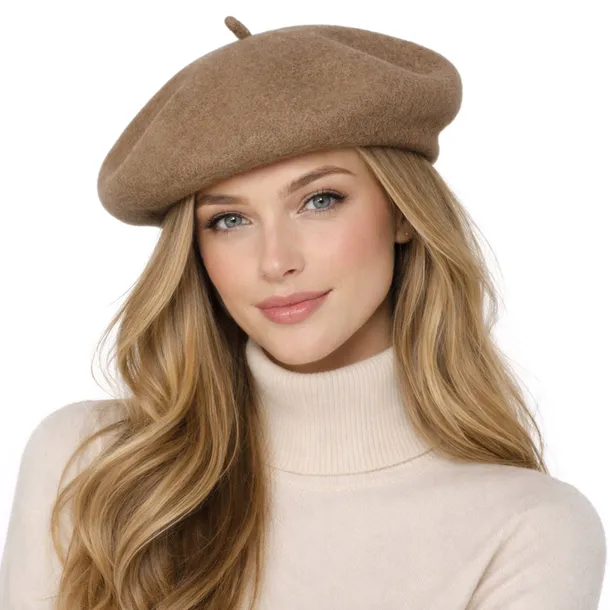 Beret damski beżowy klasyczny eleganckie nakrycie głowy