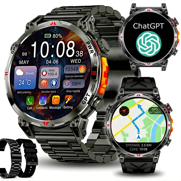 SMARTWATCH ZEGAREK MĘSKI GPS AMOLED ROZMOWY CHAT GPT AI 650mAh 2 PASKI