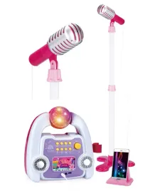 karaoke-dla-dzieci-mikrofon-wzmacniacz-statyw-zestaw-dzweki-led-efekty-rozowy-plastik-wiek-5-lat