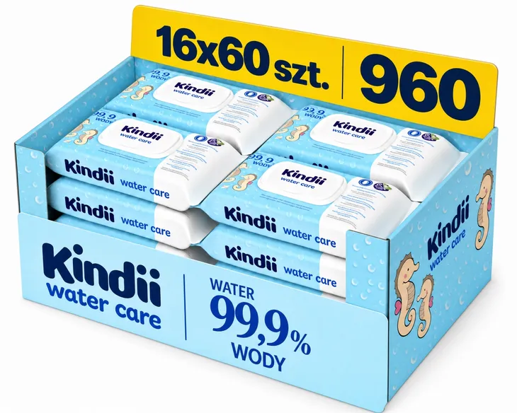 Chusteczki nawilżane Kindii Water Care mokre dla dzieci 99,9% wody 16x60szt