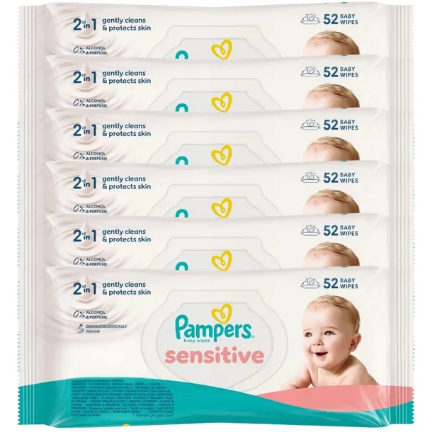 Pampers Sensitive Chusteczki Nawilżane dla Dzieci i Niemowląt 6 x 52 Sztuki