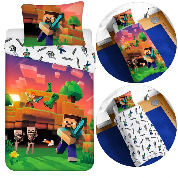 Pościel Minecraft 160x200 70x80 bawełniana – Gamer Creeper Steve Alex