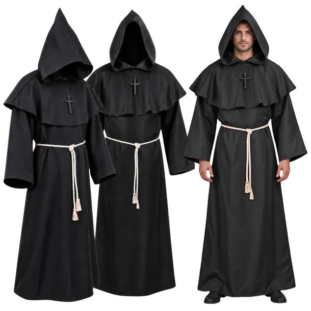 Strój Mnicha Ksiądz Halloween Habit Zakonnik Kaptur Krzyż Przebranie 4w1
