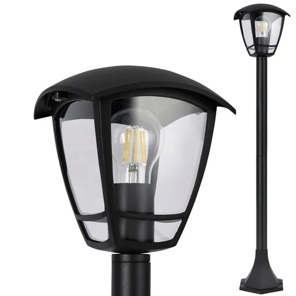Ozdobna czarna lampa ogrodowa stojąca, w formie latarni-słupka, kompatybilna z żarówkami LED E27, o wysokości 100cm