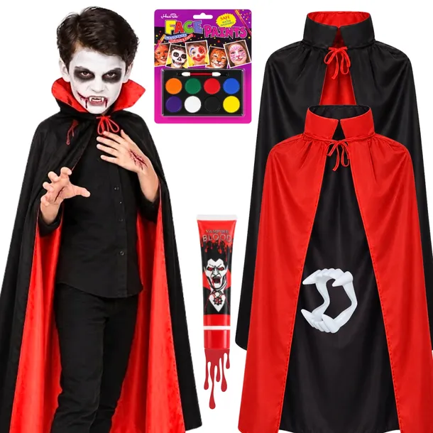 Strój na Halloween PELERYNA DRACULA 90-120 KREW KŁY FARBY Kostium Drakuli