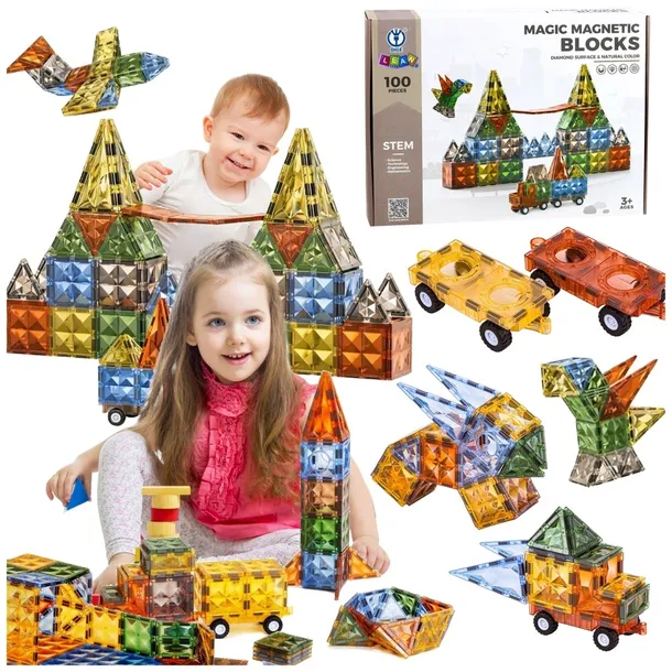 KLOCKI MAGNETYCZNE KONSTRUKCYJNE 100 ELEMENTÓW KÓŁKA 3D ZESTAW KREATYWNY