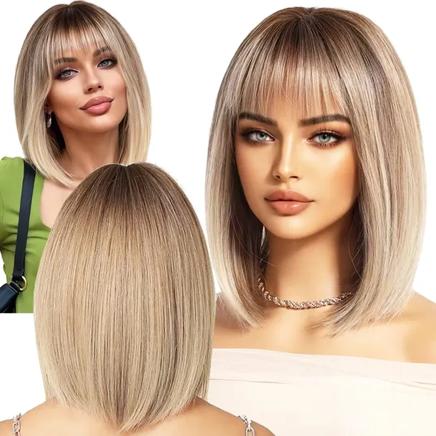 PERUKA DAMSKA BOB BLOND OMBRE PROSTE WŁOSY Z GRZYWKĄ JAK NATURALNE WIG 35cm