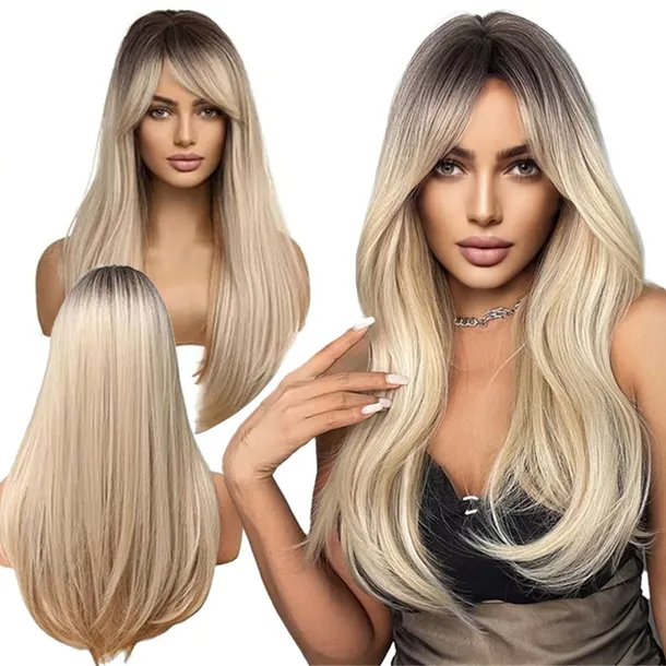 PERUKA DAMSKA DŁUGIE BLOND OMBRE WŁOSY PROSTE Z GRZYWKĄ JAK NATURALNE 63 cm