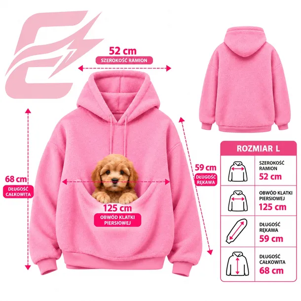Bluza z Kapturem Oversize Różowa z Kieszenią na Zwierzęta Psa Kota Pluszowa