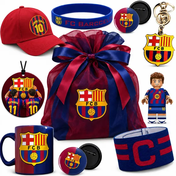 DUŻY ZESTAW KIBICA FC BARCELONA XXL PREZENTOWY 21EL. KLOCKI BRELOK KOSZULKA