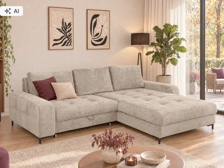 Narożnik z funkcją spania MAYA wygodna rozkładana rogówka salon beżowa