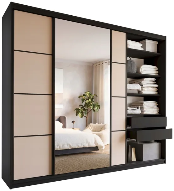 Szafa przesuwna z lustrem 280 cm LOFT MAX z półkami szuflady drążki kaszmir