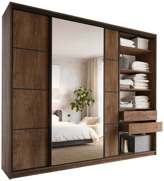 Szafa przesuwna z lustrem 280 cm LOFT MAX z półkami szuflady drążki