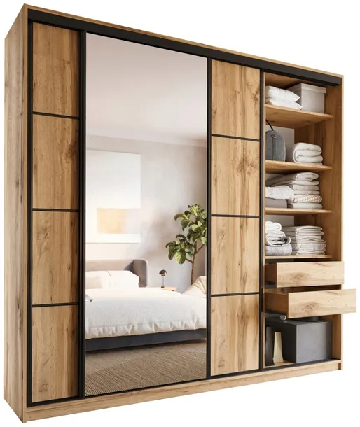 Szafa przesuwna z lustrem 250 cm LOFT MAX z półkami szuflady drążki
