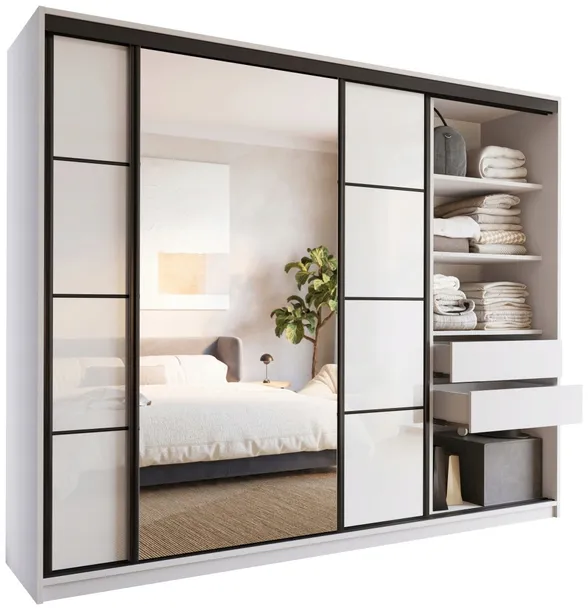 Biała szafa przesuwna z lustrem 250 cm połysk LOFT
