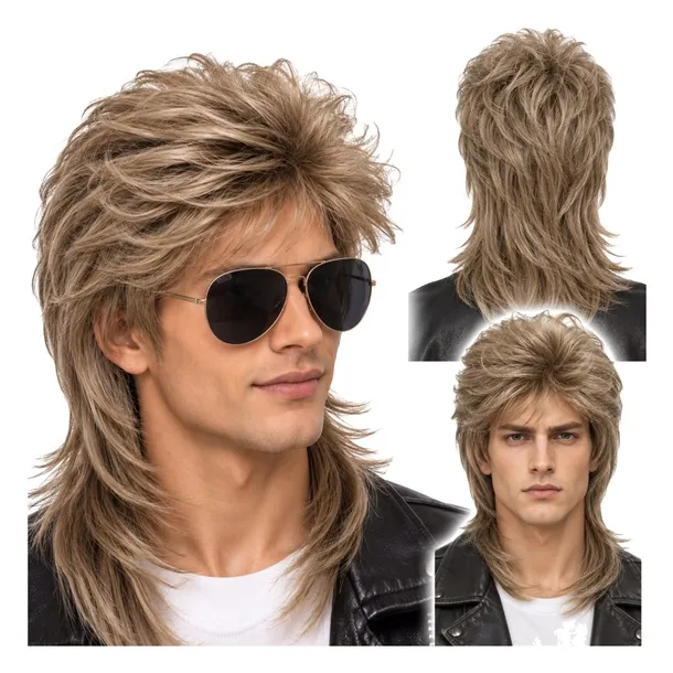 PERUKA MULLET LATA 70 80 90 RETRO DISCO MĘSKA BLOND WŁOSY OKULARY ROCKMAN