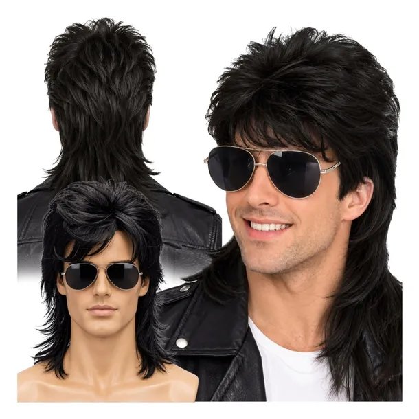 PERUKA MULLET LATA 70 80 90 RETRO DISCO MĘSKA WŁOSY CZARNE OKULARY ROCKMAN