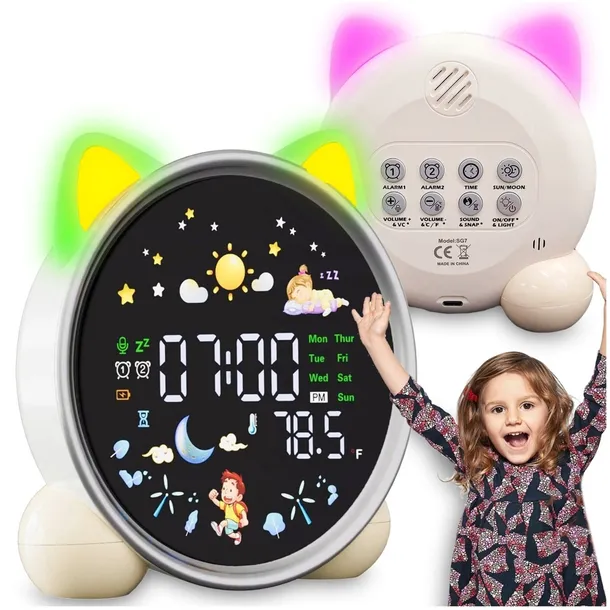 ZEGAR BUDZIK LED Elektroniczny Cyfrowy Kotek dla dzieci Lampka Nocna Alarm