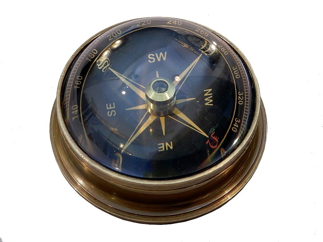 Kompas soczewkowy mosiężny, przycisk na biurko podróżnika