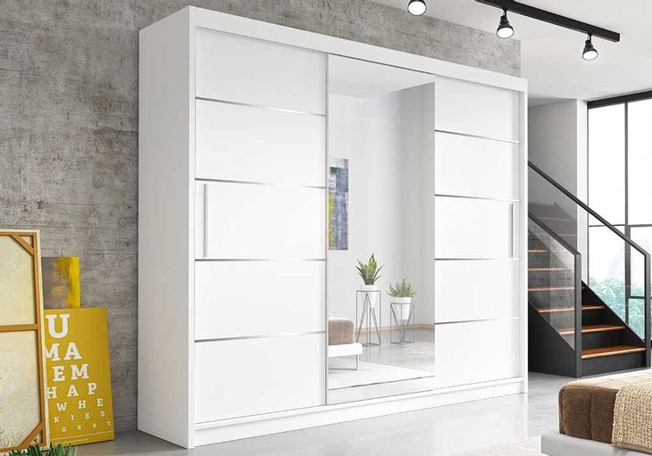 Promocja POJEMNA SZAFA PRZESUWNA 3 DRZWIOWA ASTRA 233cm z lustrem biała wyprzedaż przecena