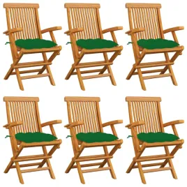 krzesla-ogrodowe-zielone-poduszki-6-szt-drewno-tekowe