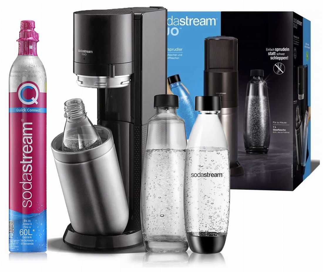 SODASTREAM DUO czarny saturator + butelki plastik szkło nabój szybka