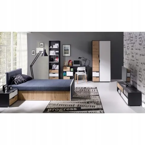 stolik-nocny-basic-grafit-bialy-dab-2-szuflady-stan-nowy
