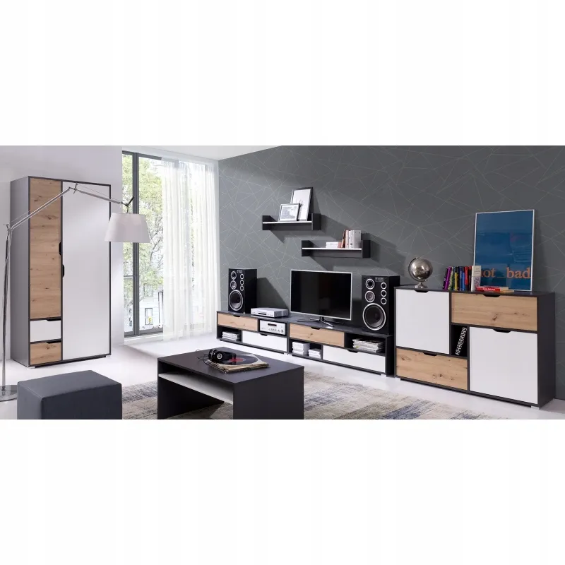 stolik-nocny-basic-grafit-bialy-dab-2-szuflady