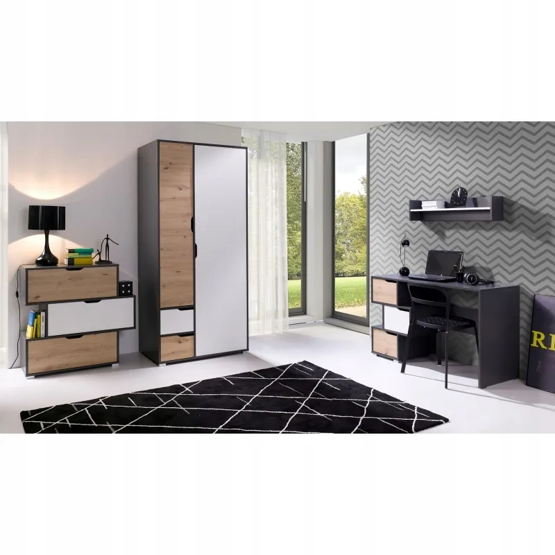 stolik-nocny-basic-grafit-bialy-dab-2-szuflady-stan-nowy