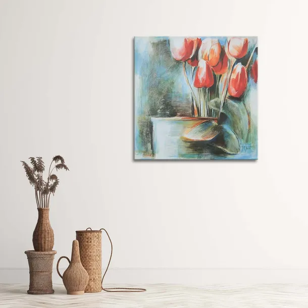 obraz-na-plotnie-tulipany-czerwone-wazon-30x30-stan-nowy