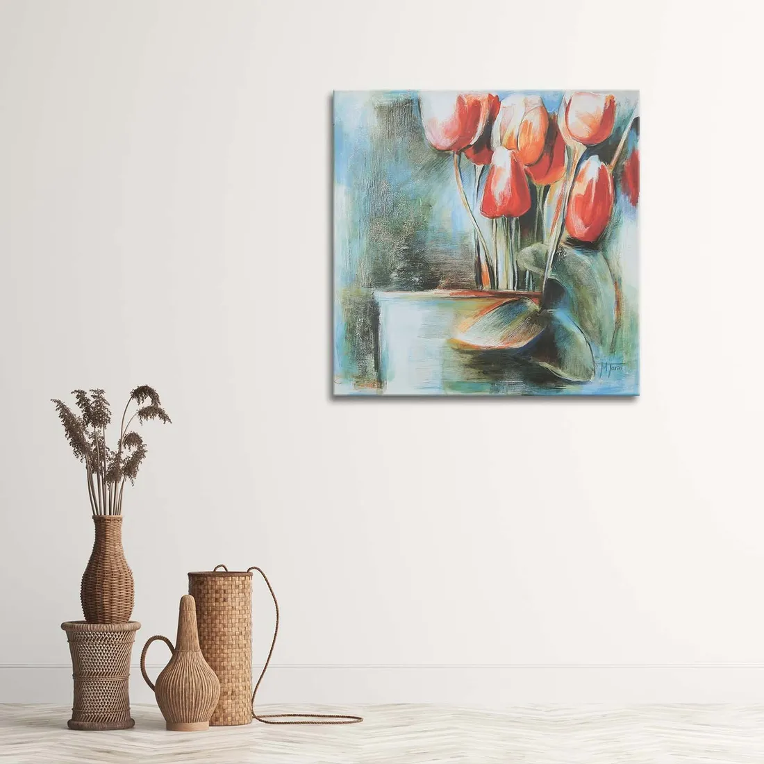 obraz-na-plotnie-tulipany-czerwone-wazon-60x60
