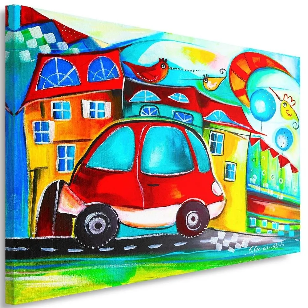 obraz-na-plotnie-czerwony-samochodzik-miasto-90x60-stan-nowy