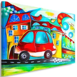 obraz-na-plotnie-czerwony-samochodzik-miasto-100x70