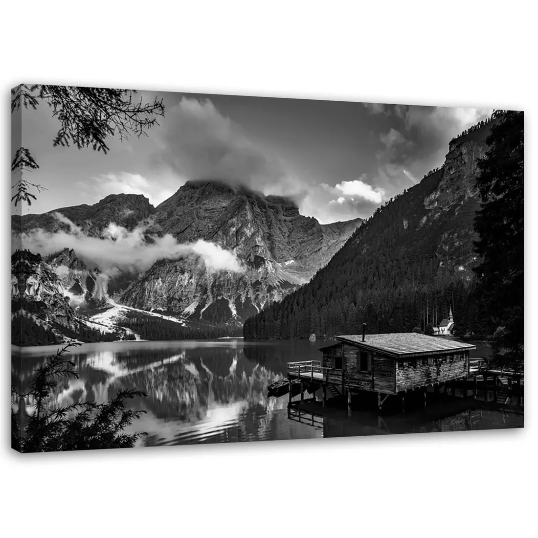 obraz-na-plotnie-domek-nad-jeziorem-w-gorach-60x40-stan-nowy