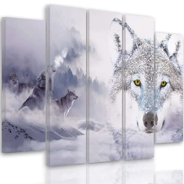 obraz-na-plotnie-wilk-las-we-mgle-100x70
