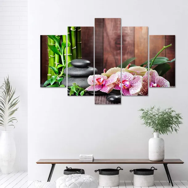 obraz-na-plotnie-orchidea-kamienie-bambus-150x100-stan-nowy