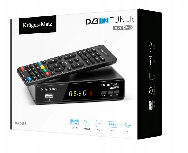tuner-dvb-t2-krugermatz-h-265-hevc-dekoder-km0550b-stan-nowy